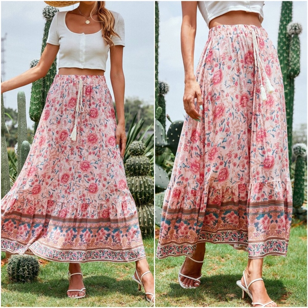 Boho Yellow Floral Tassel Ruffle Maxi Skirt Gypsy - Picture 2 of 15